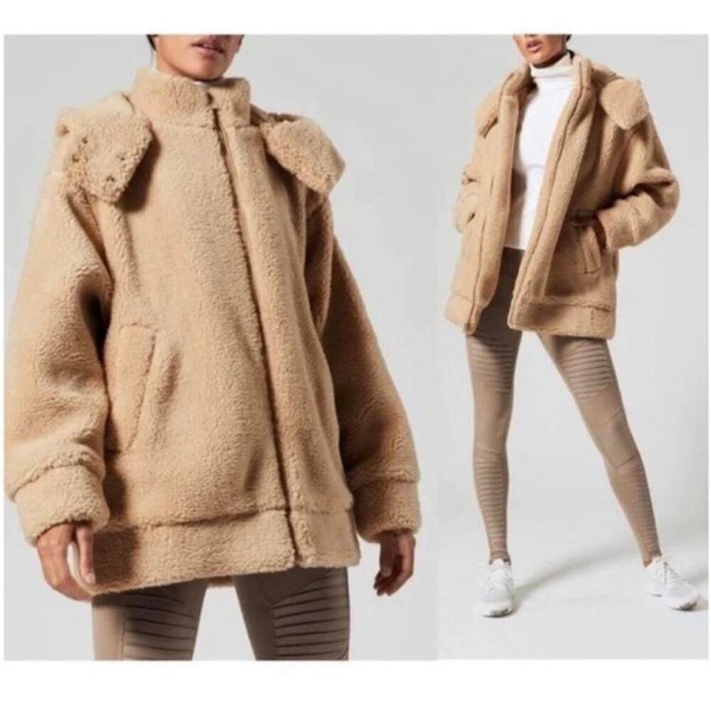 Alo Yoga Norte Sherpa Jacket Tan Faux Shearling Oversized Zip Cozy‎ Winter Layer